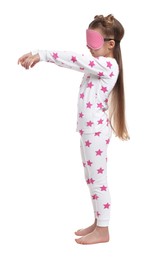 Girl in pajamas and sleep mask sleepwalking on white background