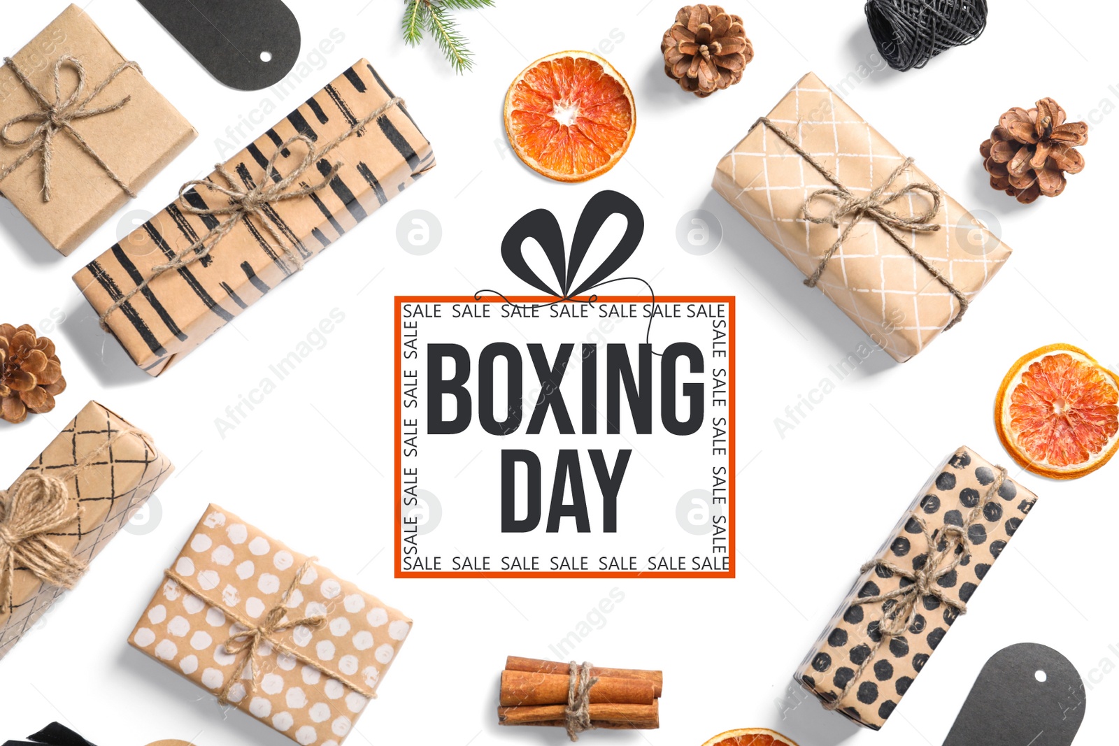 Image of Flat lay composition with gifts and text Boxing Day on white background