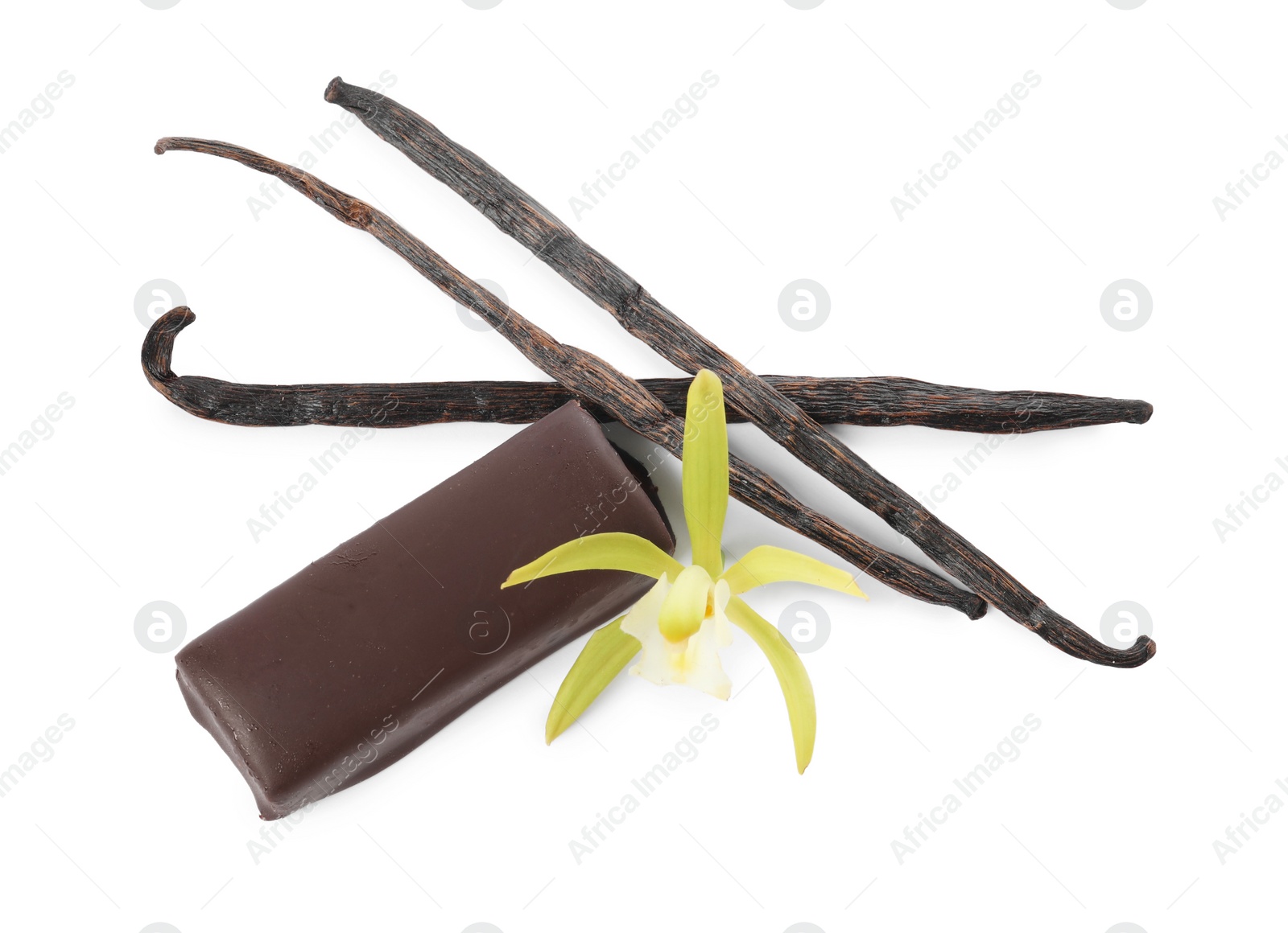 Photo of Glazed curd cheese bar, vanilla pods and flower isolated on white, top view