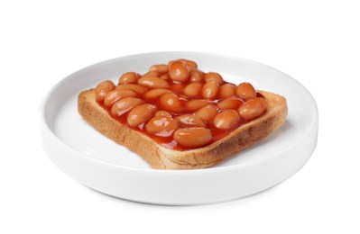 Photo of Delicious bread slice with baked beans isolated on white