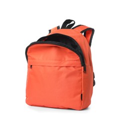 Photo of One stylish orange backpack isolated on white