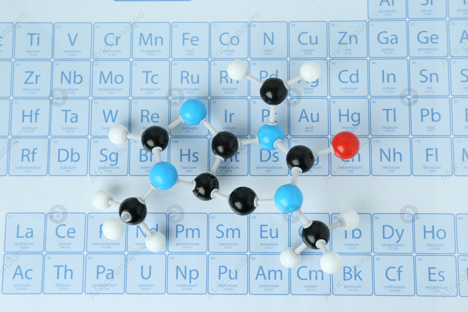 Photo of Molecular model on periodic table, top view