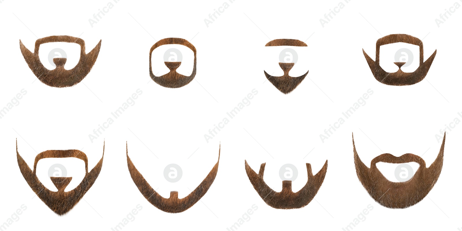 Image of Set with stylish beard on white background, men's fashion. Banner design