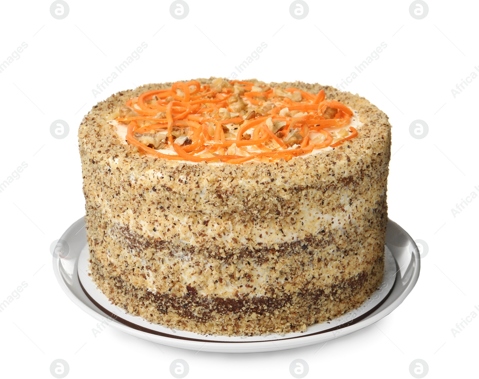 Photo of Dish with delicious carrot cake on white background