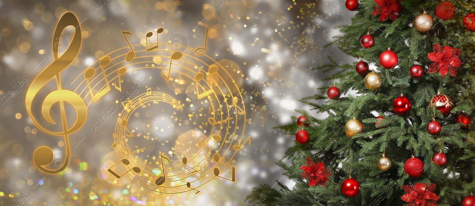 Image of Music notes swirling near Christmas tree on blurred background, bokeh effect. Banner design