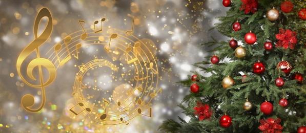 Music notes swirling near Christmas tree on blurred background, bokeh effect. Banner design