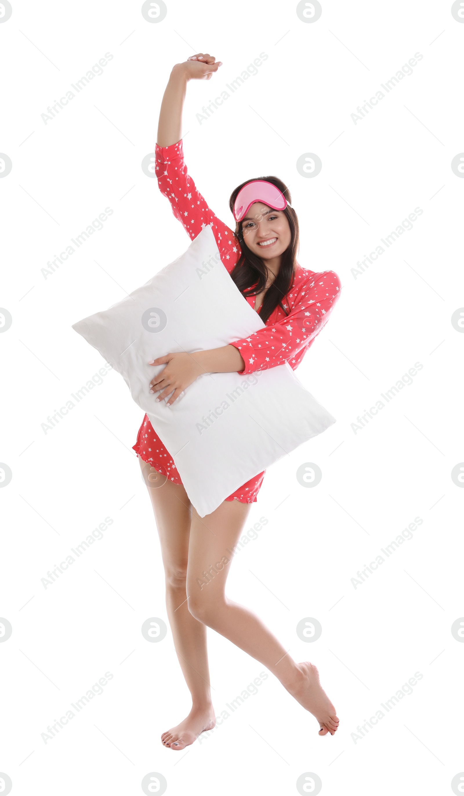 Photo of Beautiful woman with pillow on white background. Bedtime