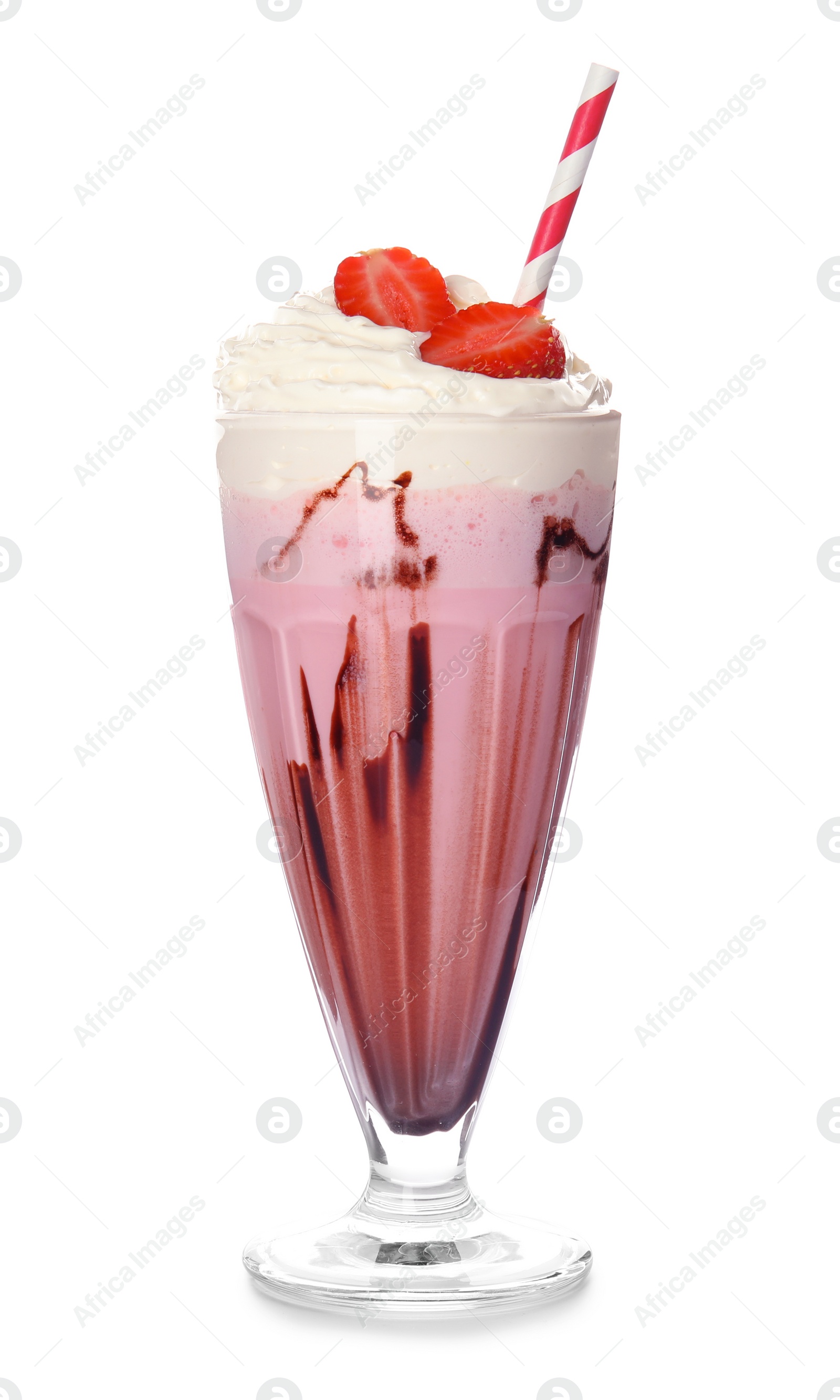 Photo of Glass of tasty milk shake on white background