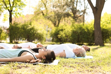 Group of people practicing yoga in park on sunny day