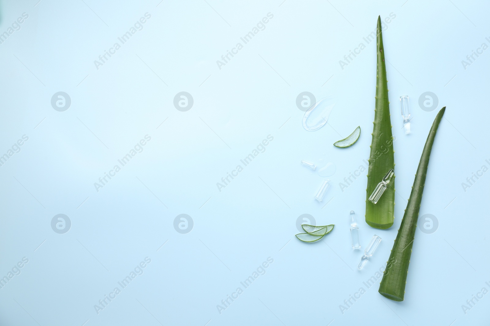 Photo of Flat lay composition with skincare ampoules and aloe leaves on light blue background. Space for text