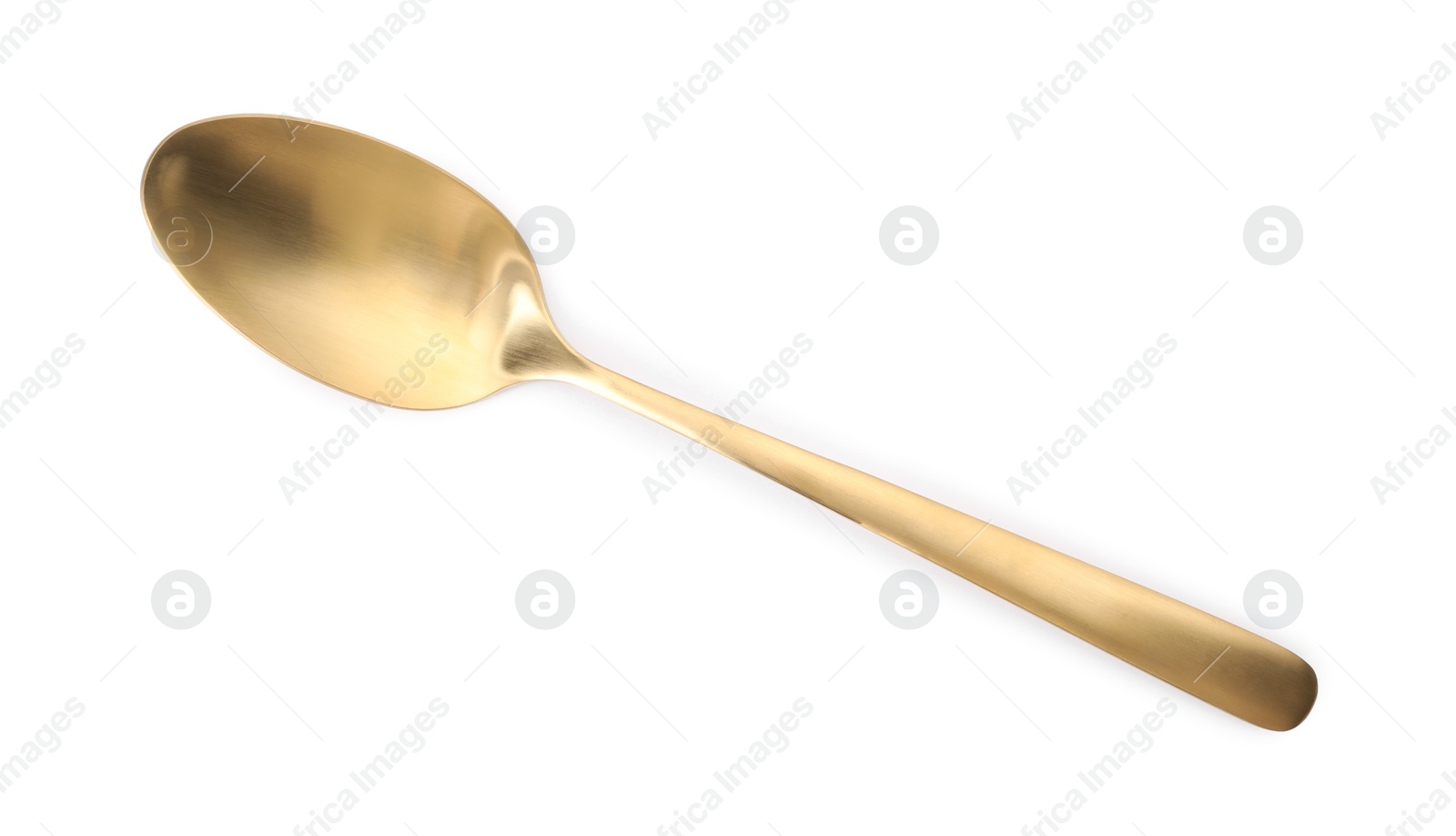 Photo of One shiny golden spoon isolated on white, top view