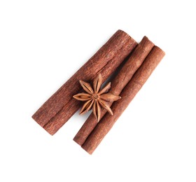 Cinnamon sticks and anise star isolated on white, top view