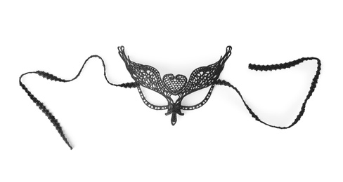 Photo of Black lace mask on white background. Accessory for sexual role play