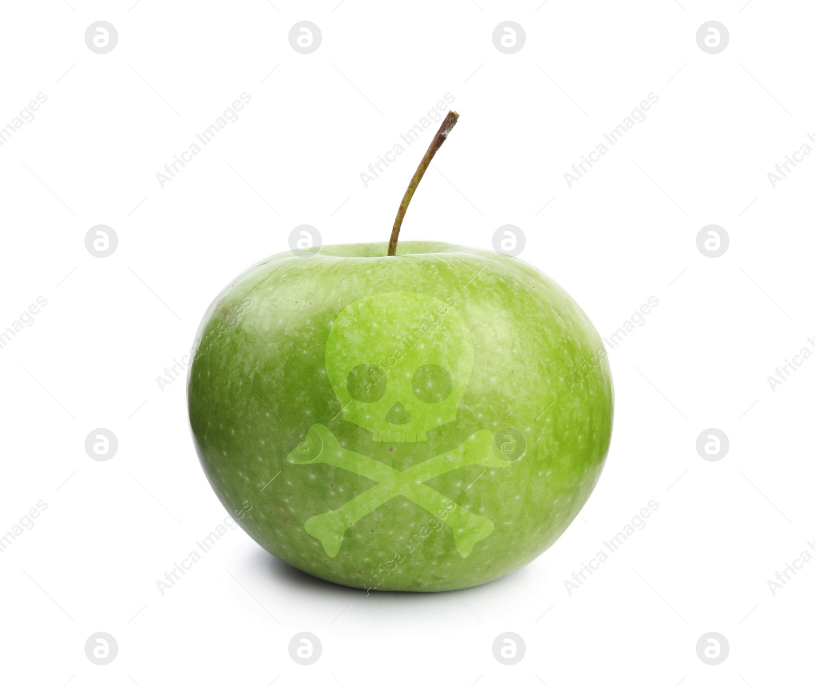 Image of Green poison apple with skull and crossbones image on white background