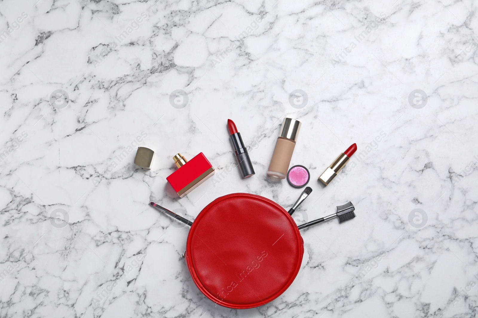 Photo of Flat lay composition with cosmetic products on marble background