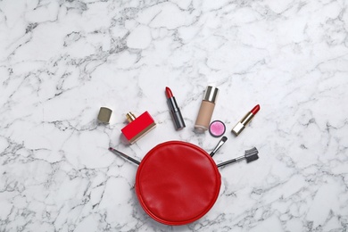 Flat lay composition with cosmetic products on marble background