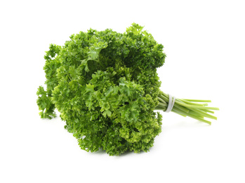 Photo of Bunch of fresh curly parsley on white background