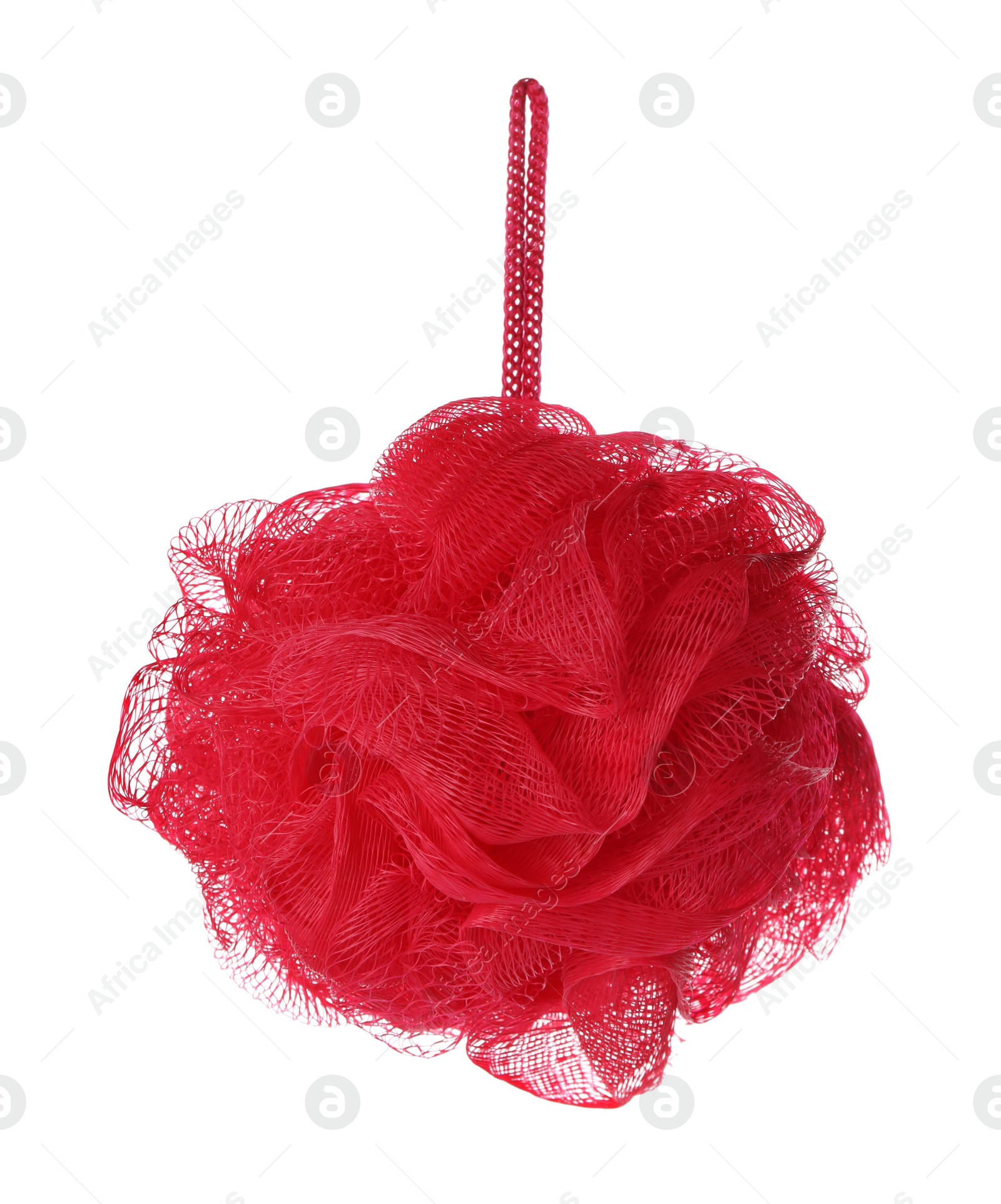 Photo of New red shower puff isolated on white