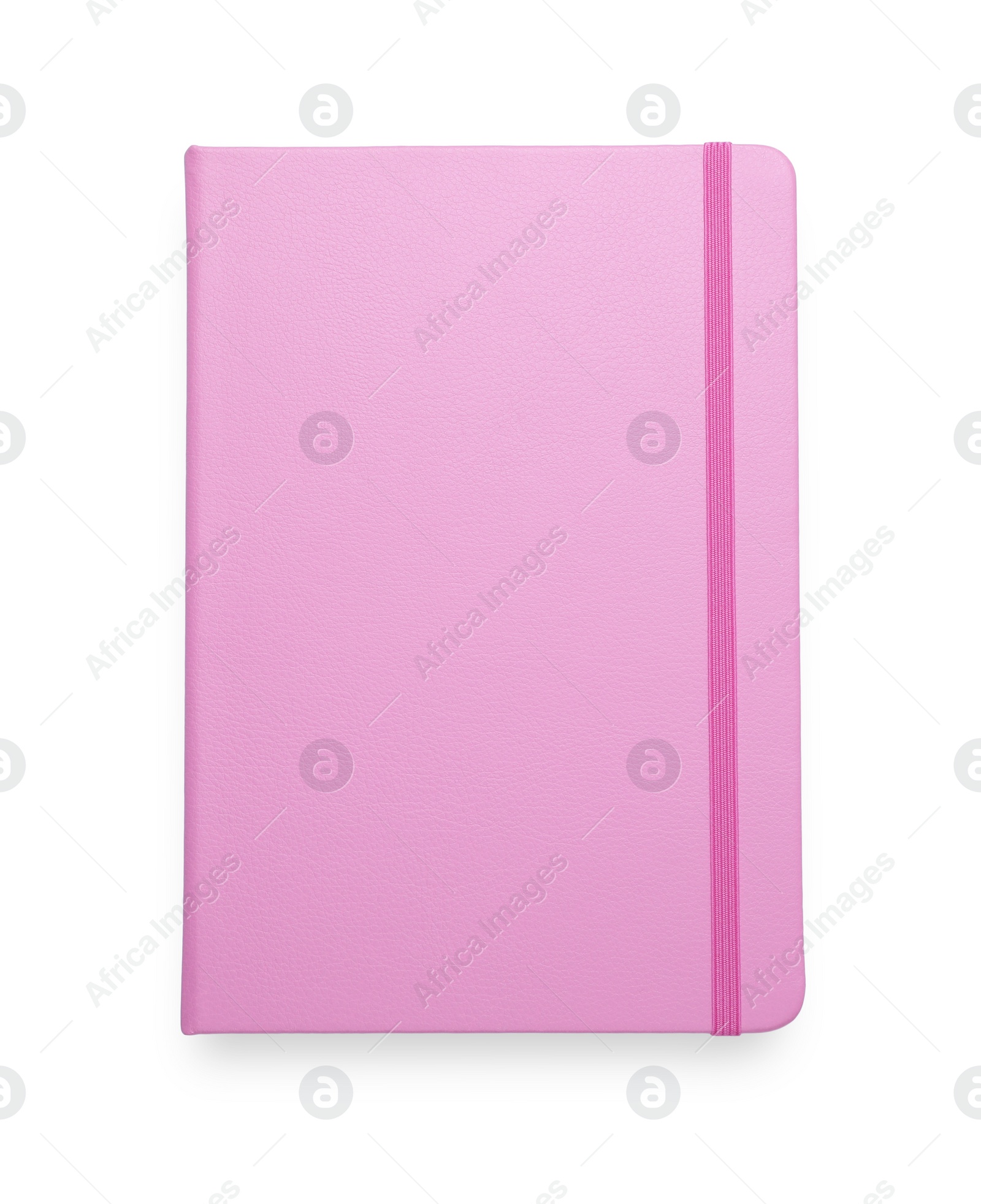 Photo of Closed pink office notebook isolated on white, top view