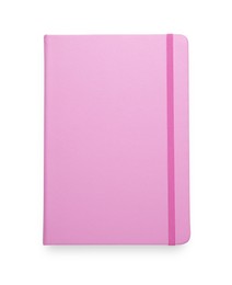 Photo of Closed pink office notebook isolated on white, top view