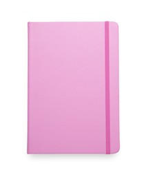 Closed pink office notebook isolated on white, top view