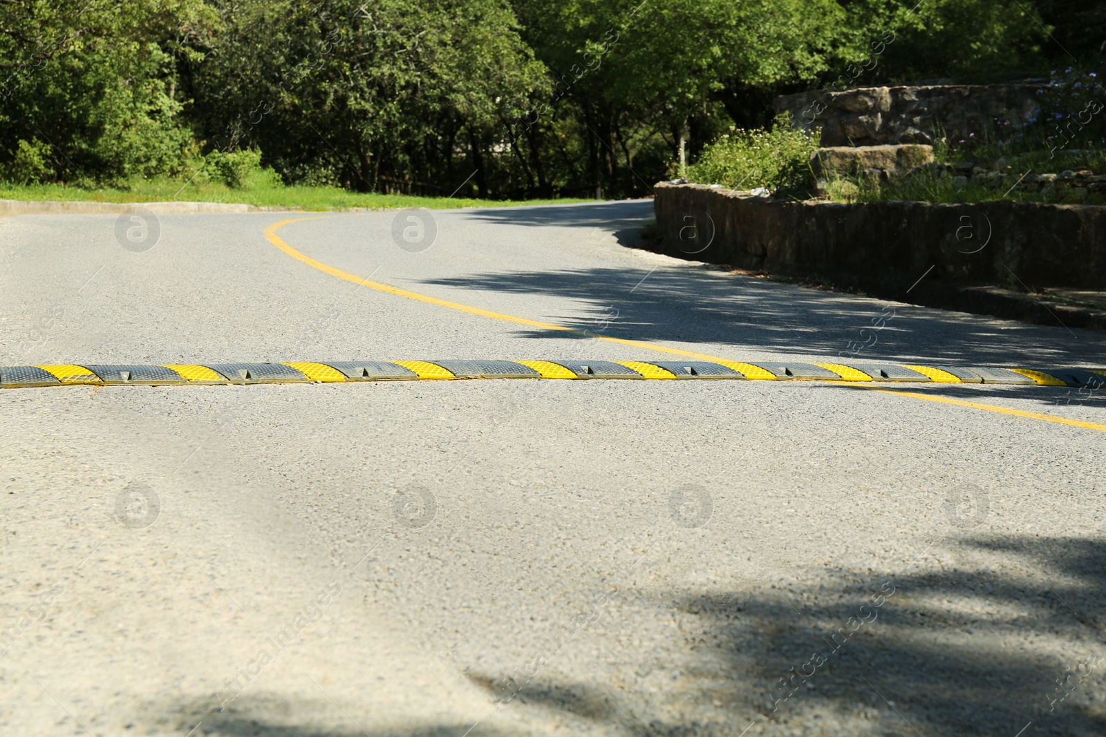 Photo of Speed bump on asphalt road near trees outdoors