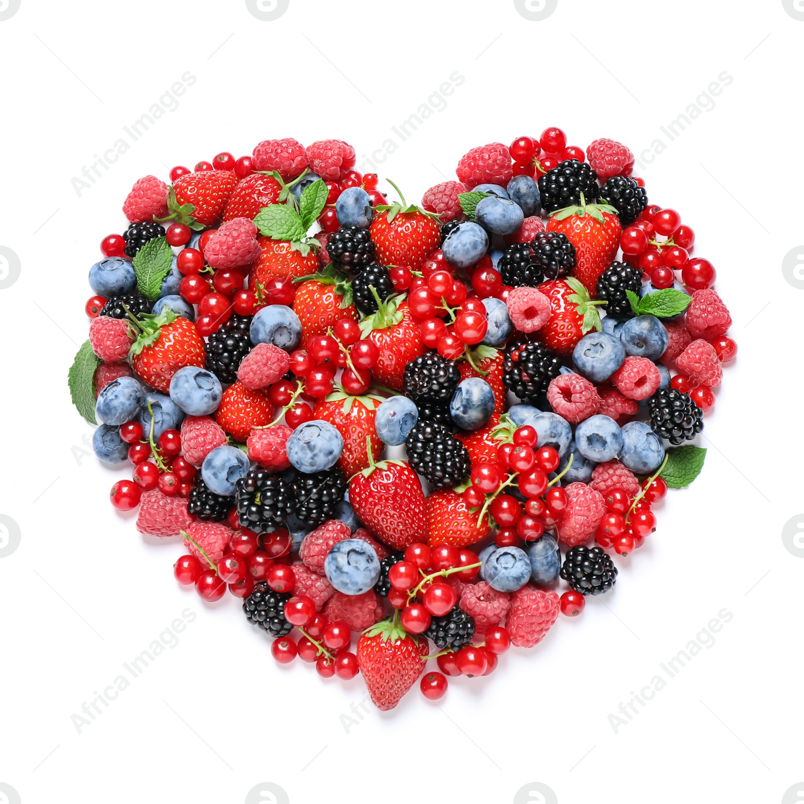 Photo of Heart shape of fresh berries on white background, top view