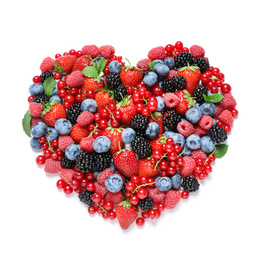 Photo of Heart shape of fresh berries on white background, top view