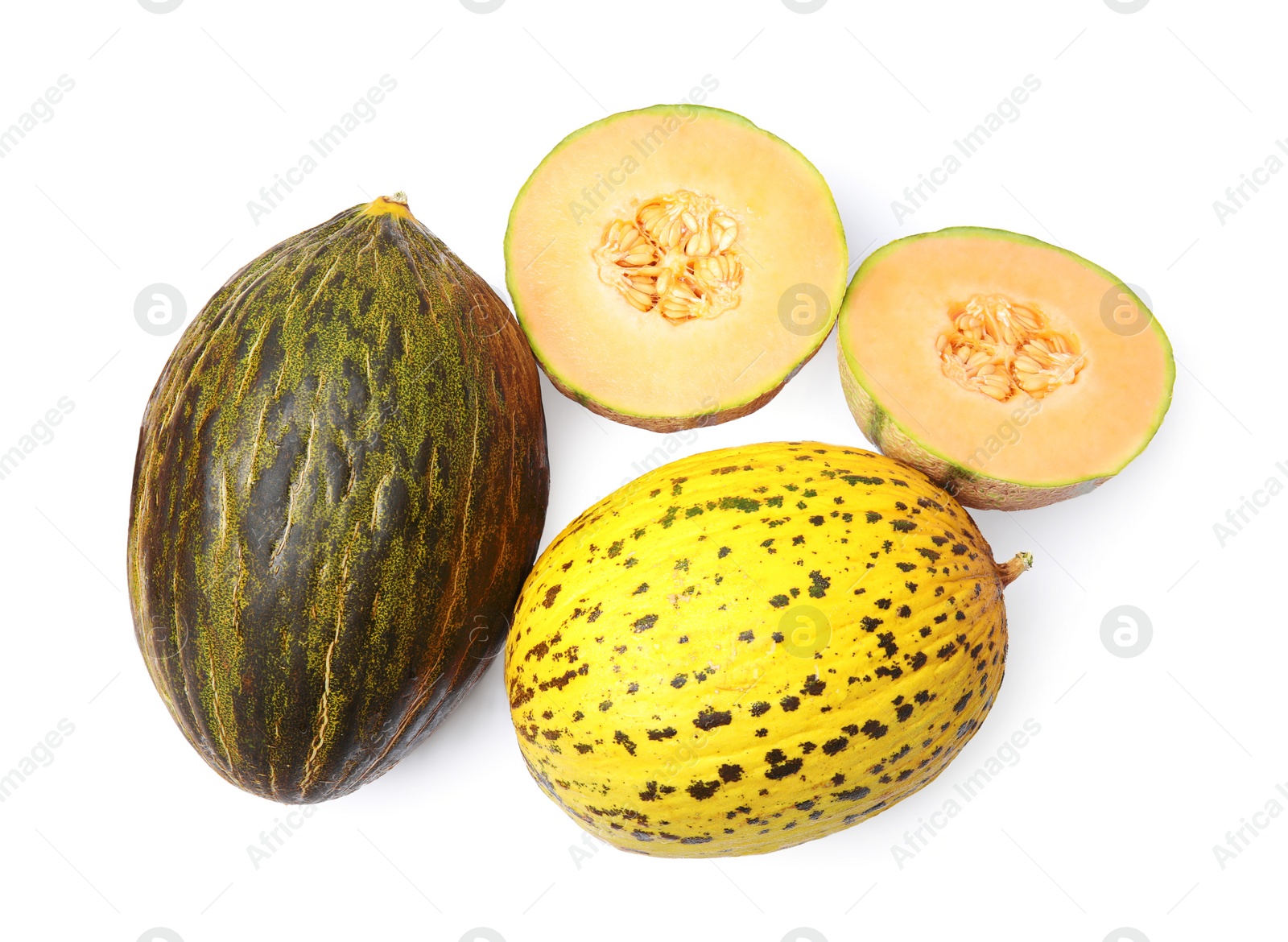 Tasty colorful ripe melons on white background, top view Photo of Tasty colorful ripe melons on white background, top view