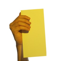 Man holding flyer on white background, closeup and space for text. Color tone effect