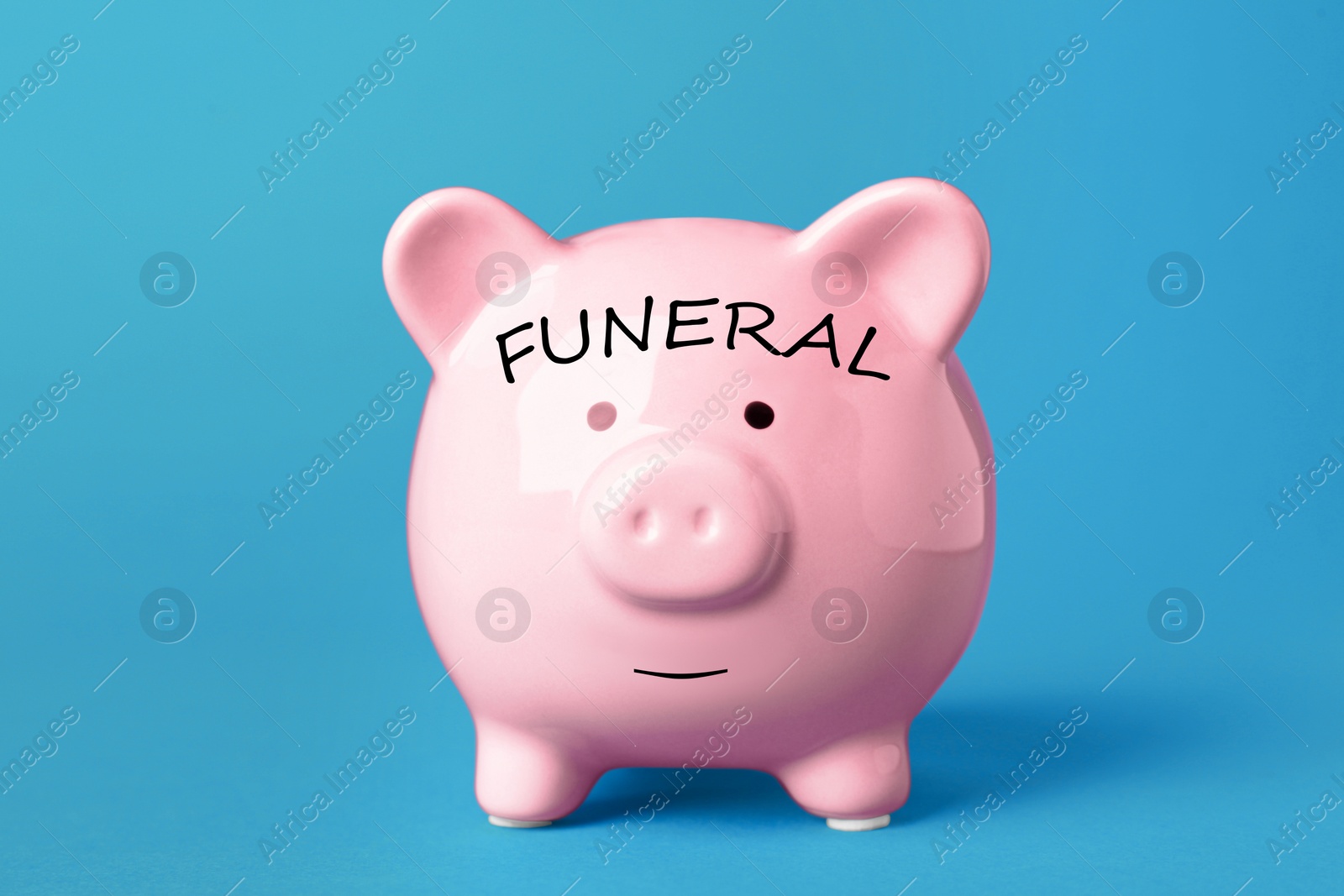 Image of Money for funeral expenses. Pink piggy bank on light blue background