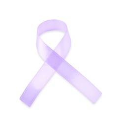 Photo of Violet awareness ribbon isolated on white, top view