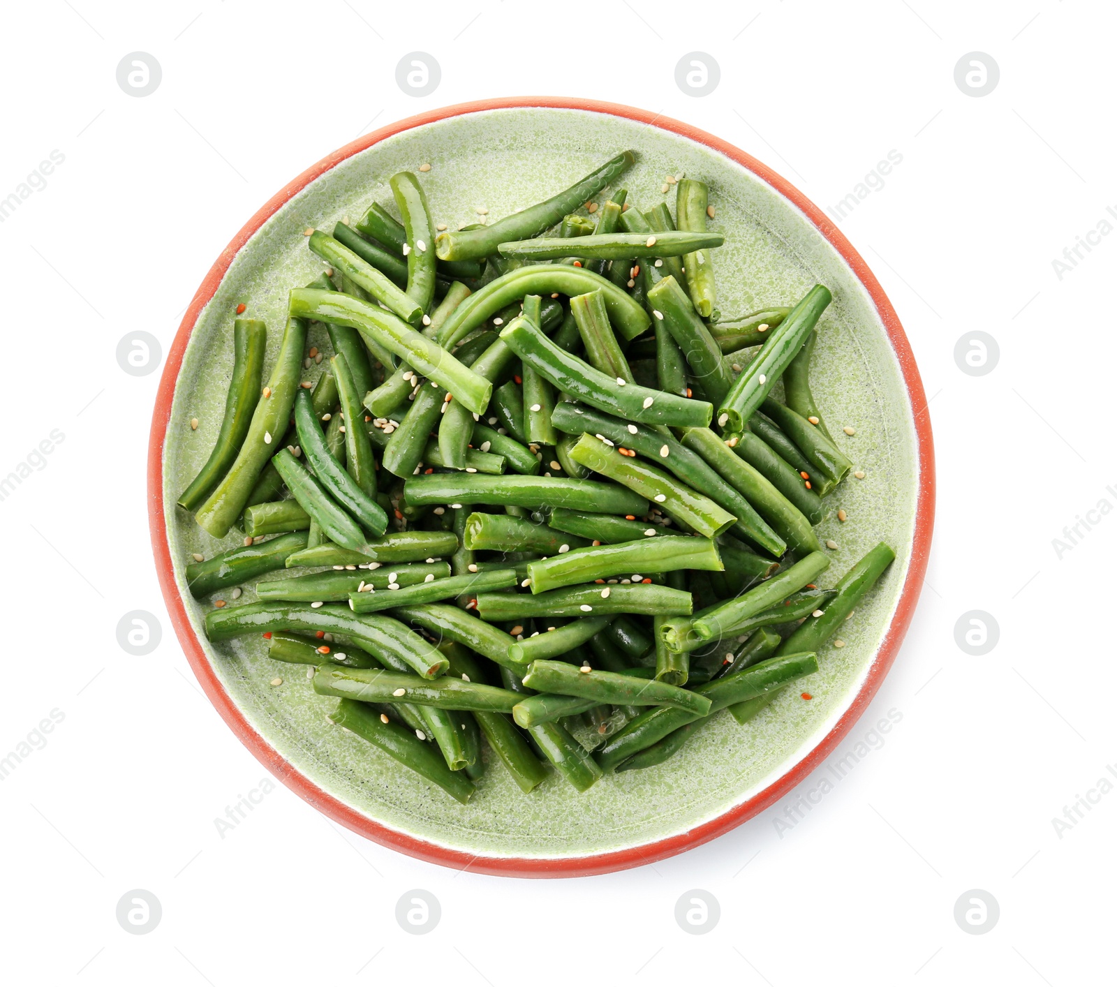 Photo of Plate with tasty green beans on white background