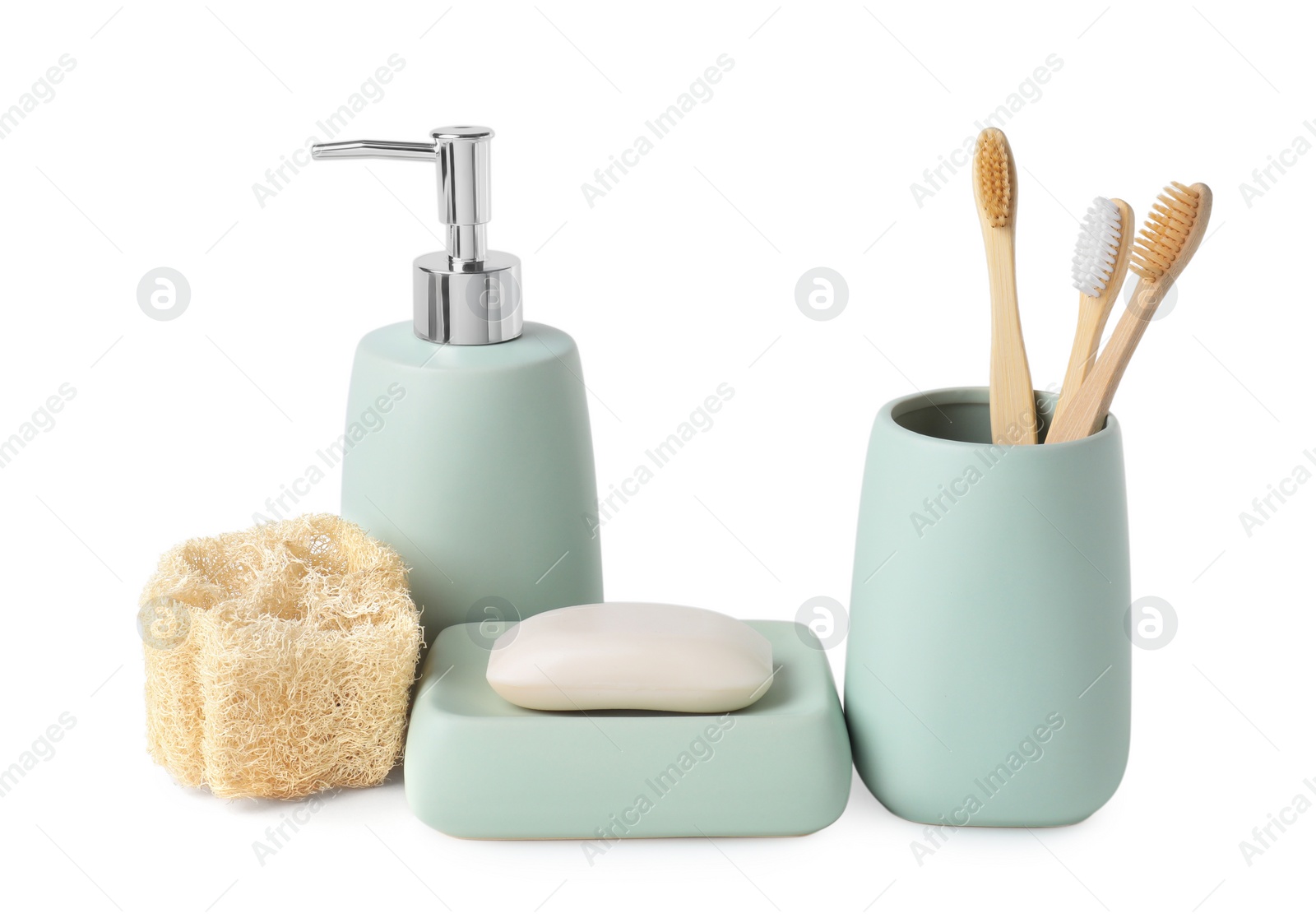 Photo of Bath accessories. Different personal care products isolated on white