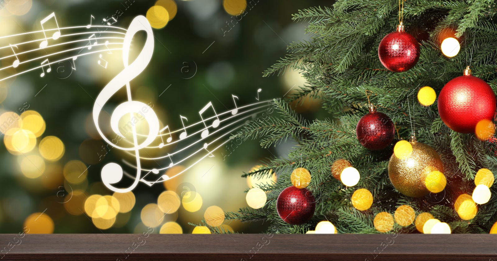 Image of Music notes and table near Christmas tree on blurred background, bokeh effect. Banner design with space for text