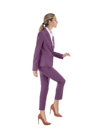 Photo of Businesswoman walking on white background. Career ladder