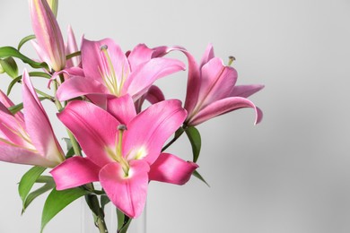 Photo of Beautiful pink lily flowers in vase against light grey background, closeup