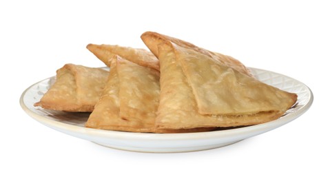 Photo of Fresh delicious crispy samosas on white background