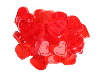 Photo of Sweet heart shaped jelly candies on white background, top view