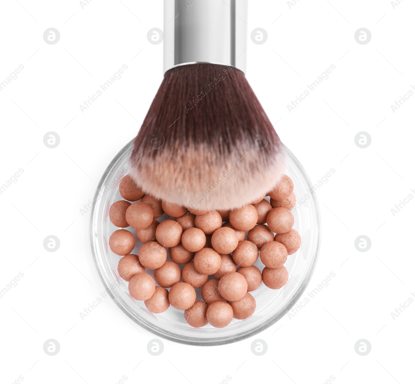 Photo of Face powder balls and brush isolated on white, top view