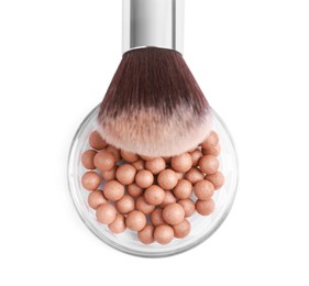 Photo of Face powder balls and brush isolated on white, top view