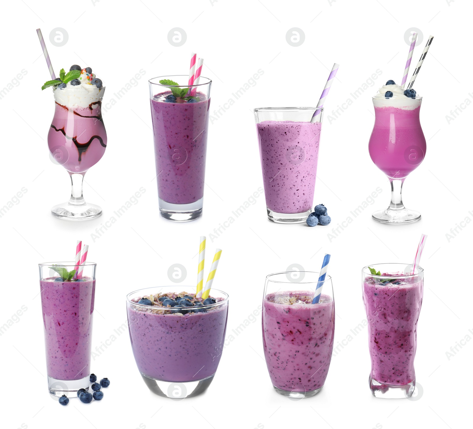 Image of Set with delicious blueberry smoothies on white background