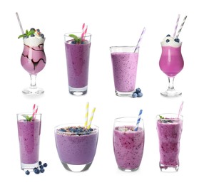 Image of Set with delicious blueberry smoothies on white background