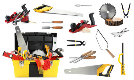 Collage with different modern carpenter's tools on white background