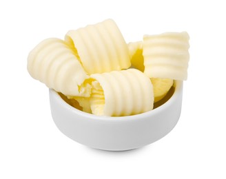 Tasty butter curls in bowl isolated on white