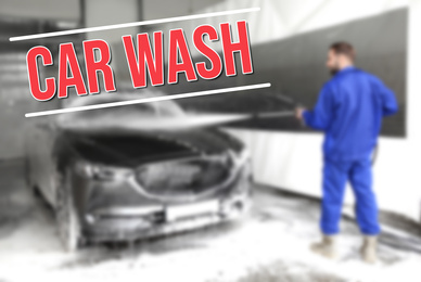 Text Car Wash and worker cleaning automobile with high pressure water jet on background