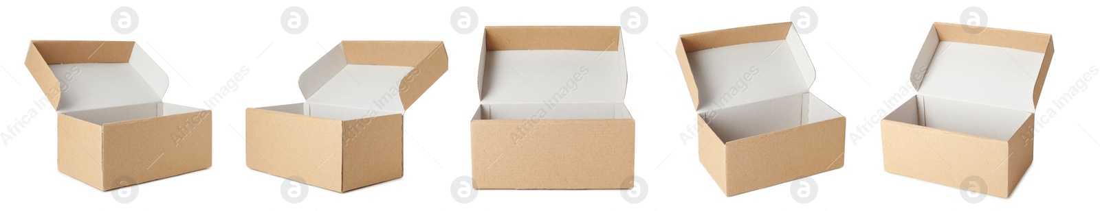 Image of Set with open cardboard boxes on white background. Banner design