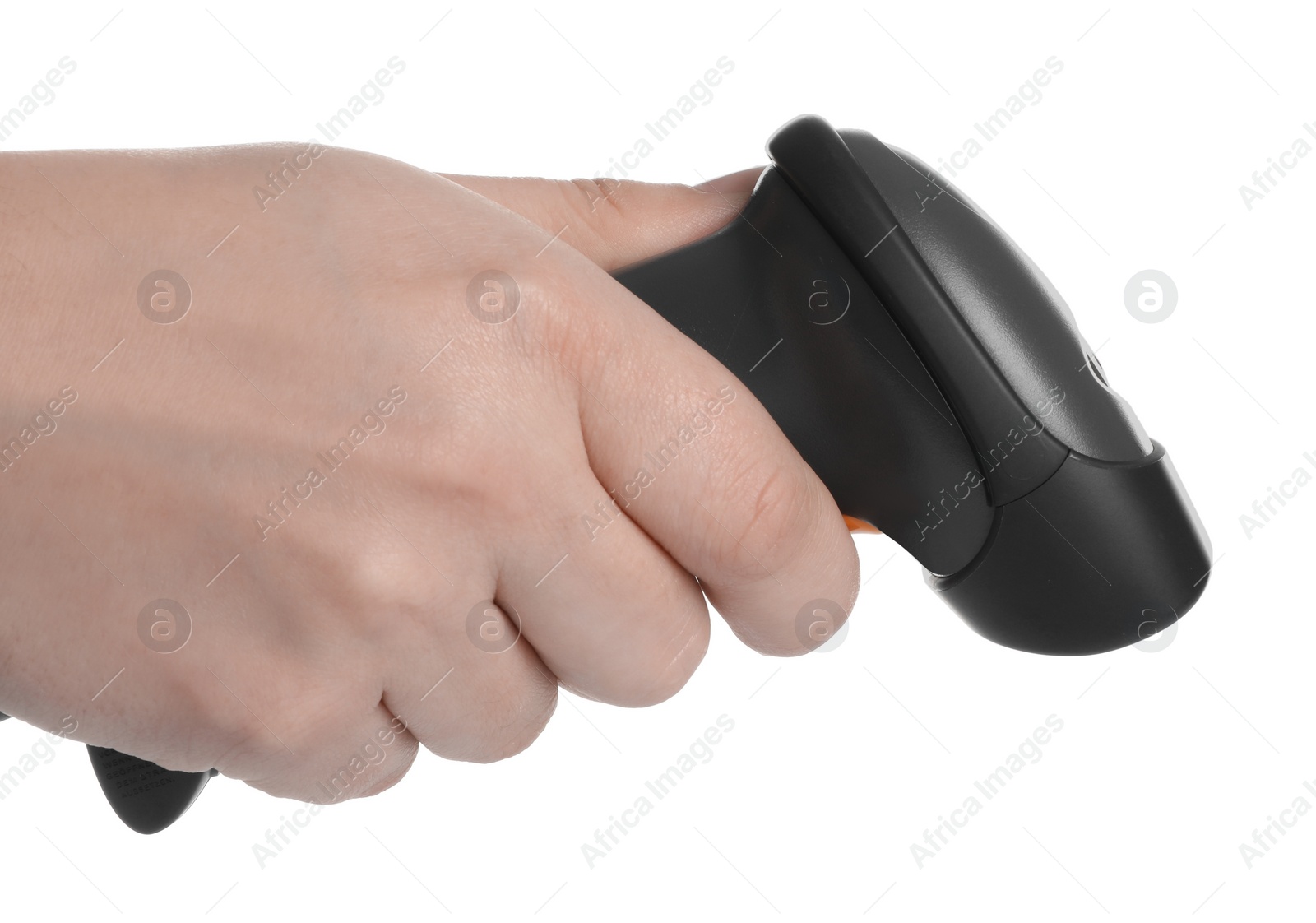 Photo of Man with barcode scanner on white background, closeup