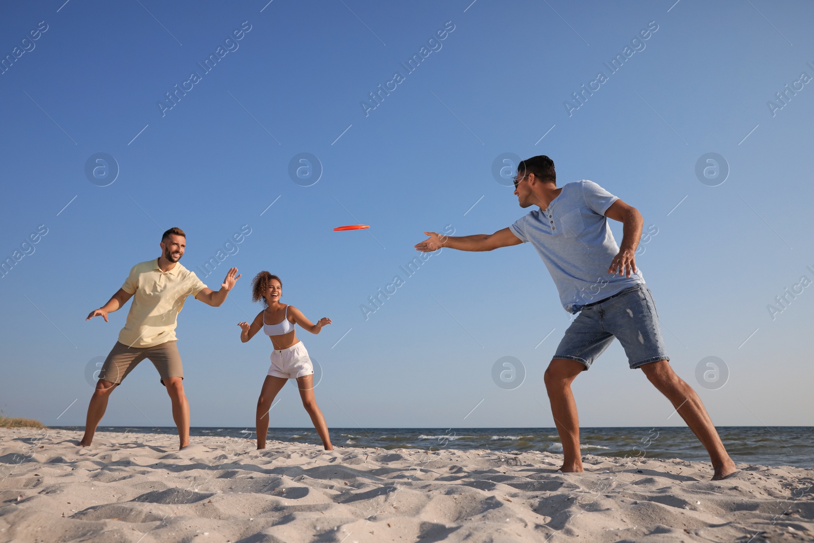 Photo of Friends playing with flying disk at beach on sunny day