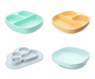 Set with different plates on white background. Serving baby food